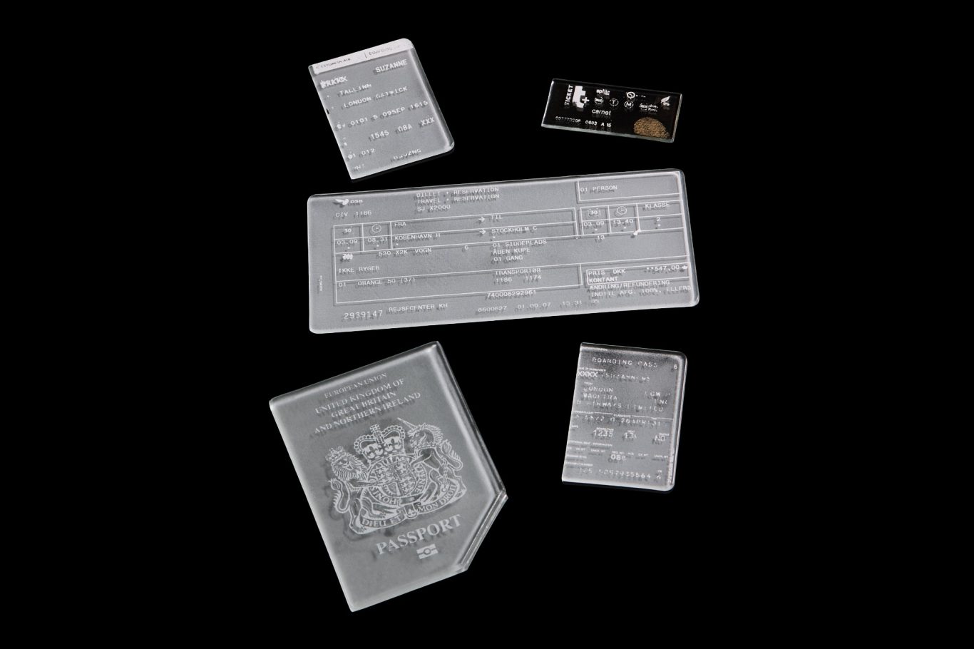 The Memory of what Remains White enamel screen printed glass tickets and passport