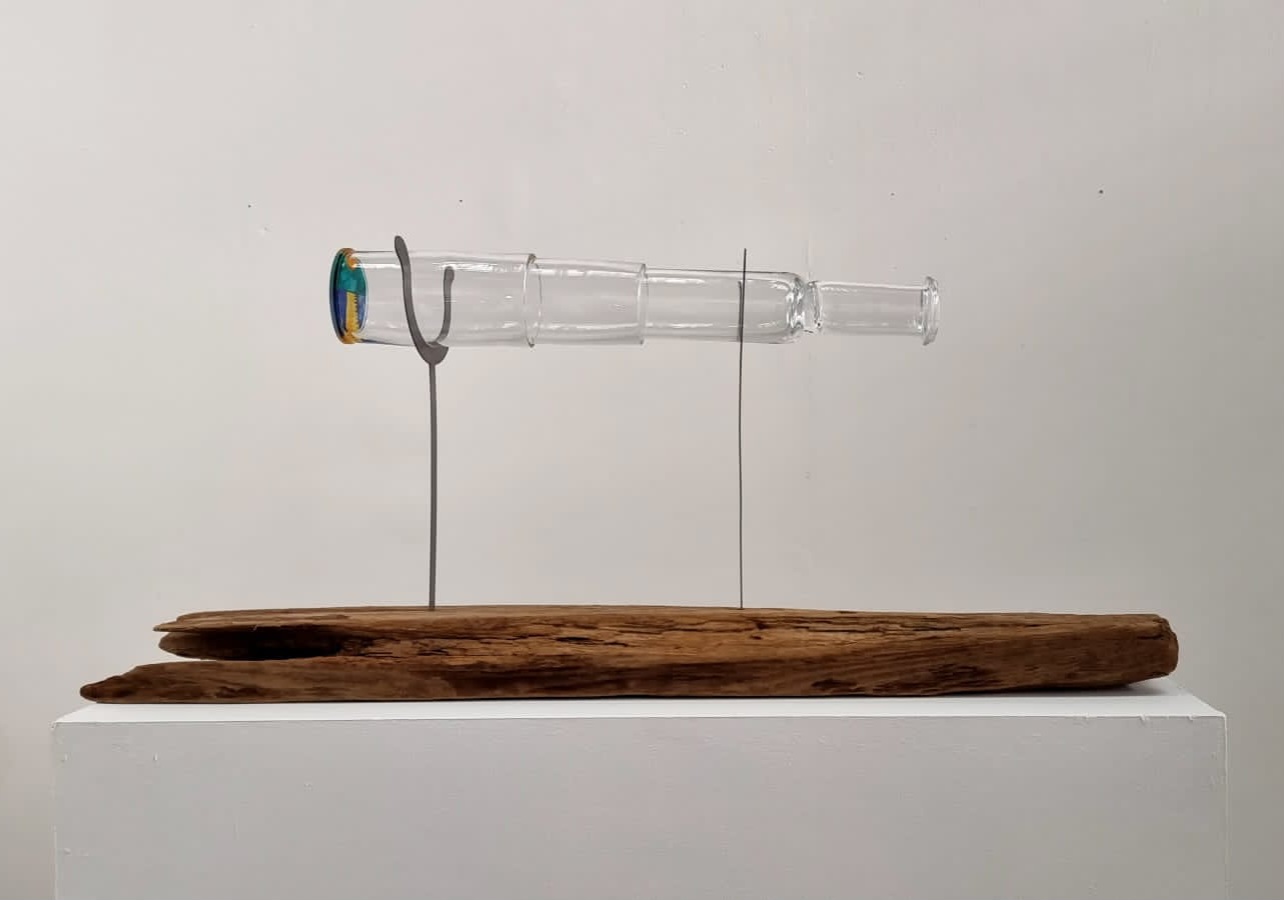 Sea as far as an eye can see Handblown clear glass telescope, resting on steel oars set into driftwood.
